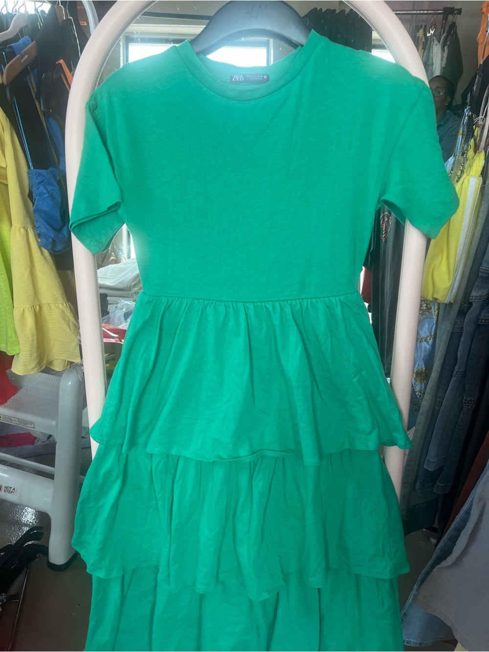 Zara Kids Bright Green Tiered Short Sleeve Dress
